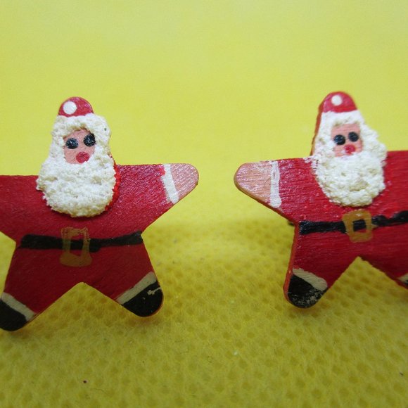 Handcrafted Wood Santa Clause Earrings & Santa Clause Brooch Set Handmade Painte - Picture 7 of 8